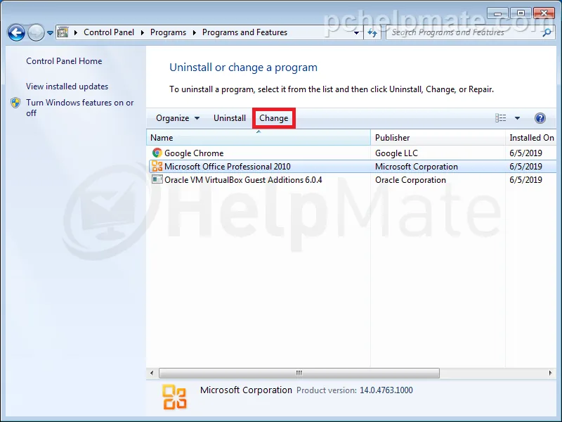 Office 2010 en la lista de programas instalados