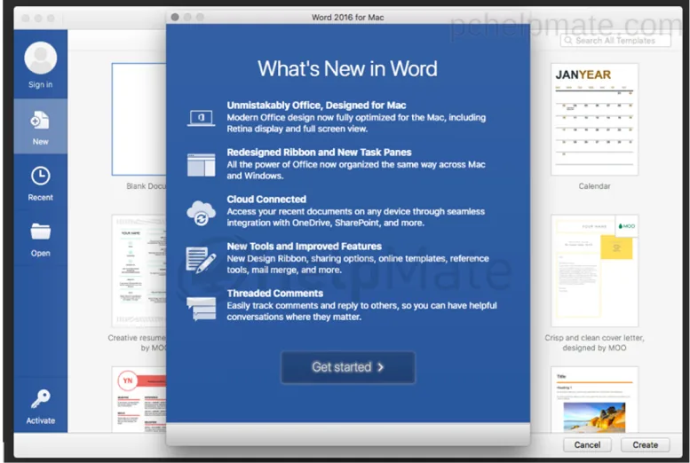 Pantalla de bienvenida de Word