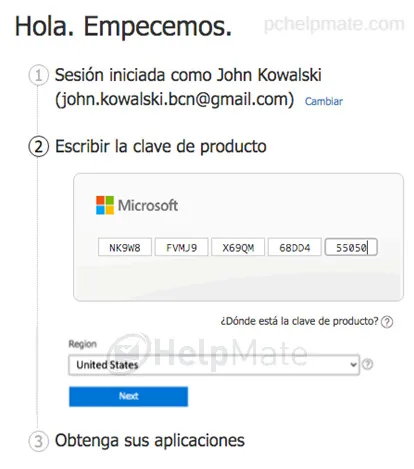 Ingreso de la clave de producto