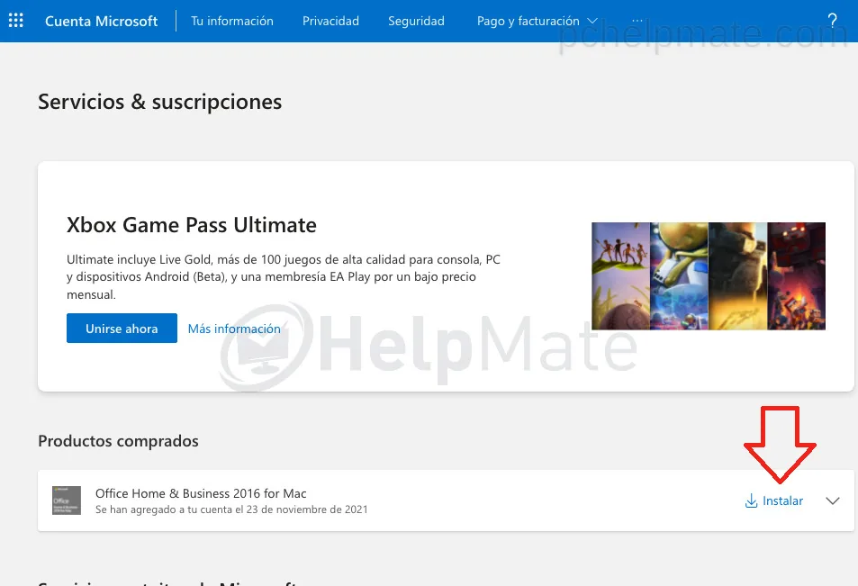 Botón de instalar para los productos comprados