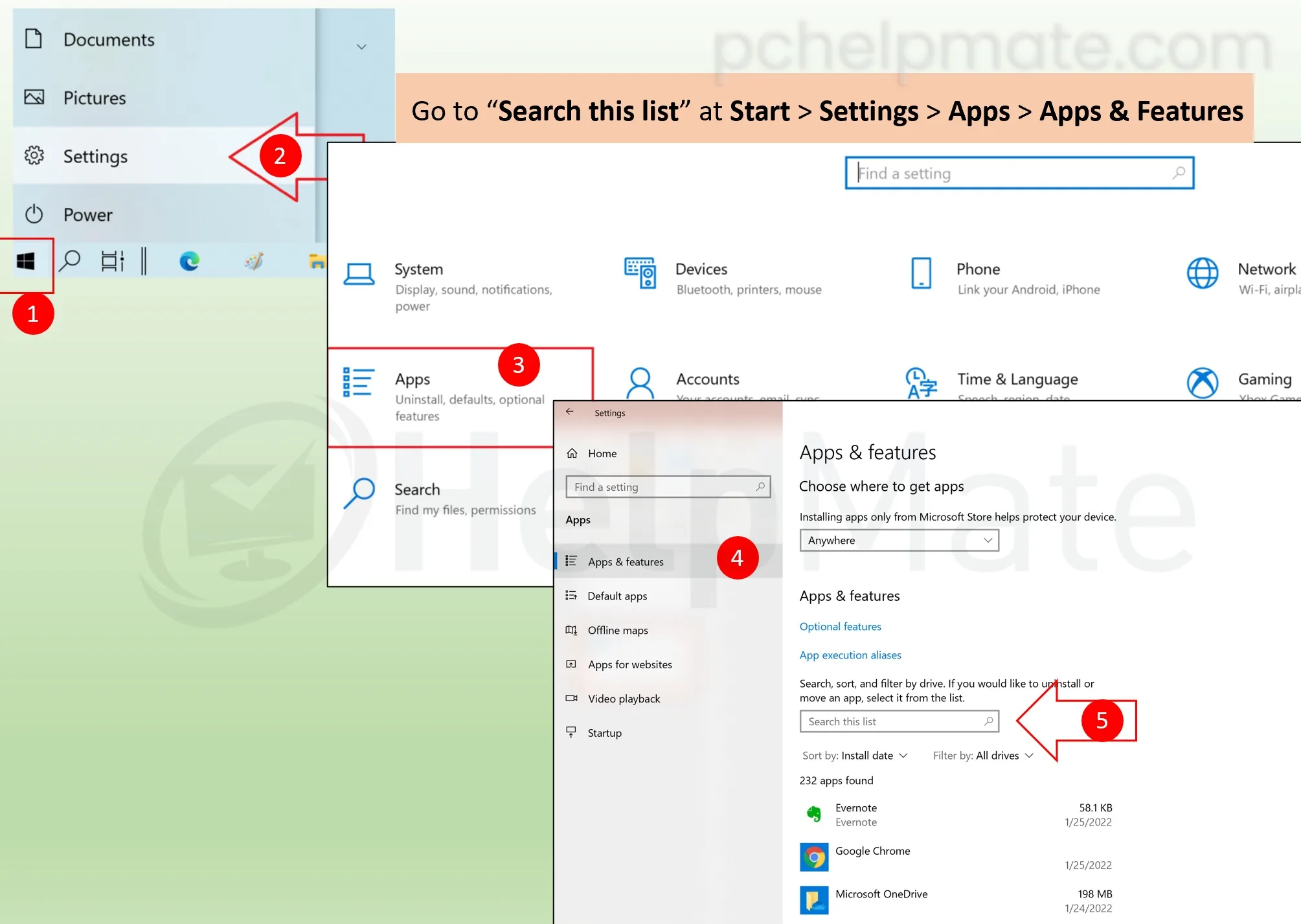 Apps and Features in Windows 10 settings