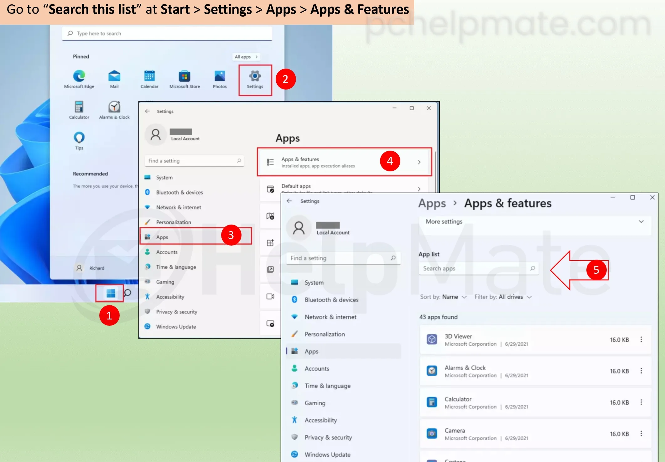 Apps and Features in Windows 11 settings