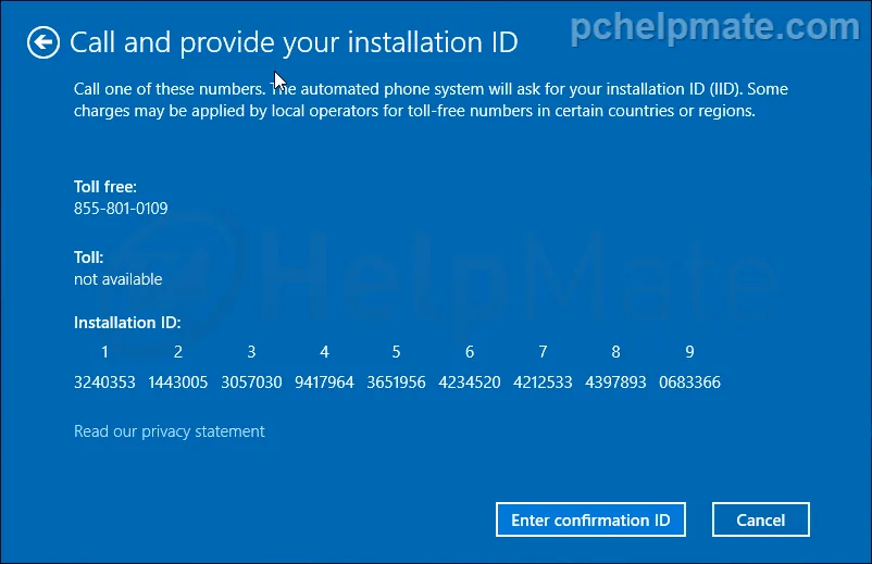 Pantalla del ID de instalación