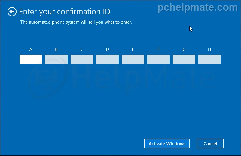 Pantalla para ingresar el ID de confirmación