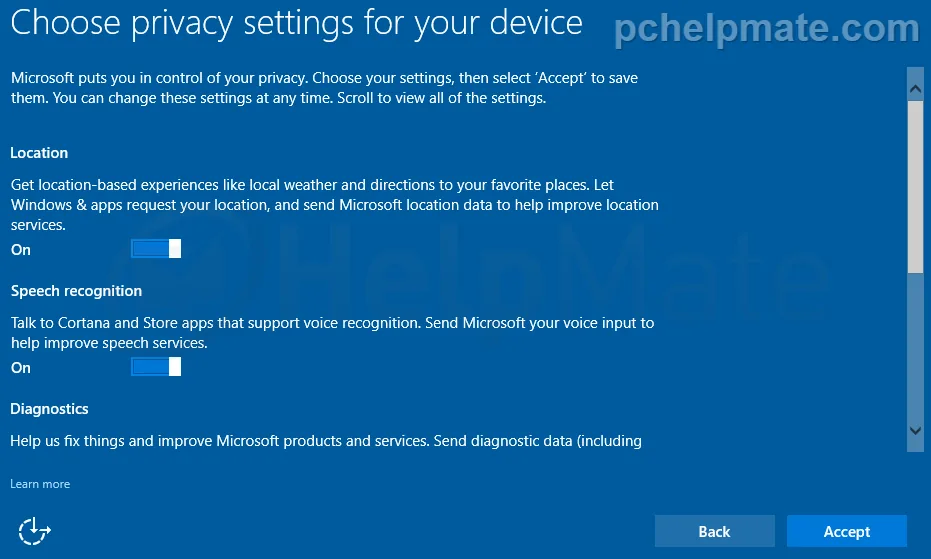 Pantalla de configuración de privacidad