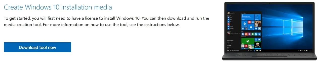 Página de descarga de Windows 10 con el botón Download tool now