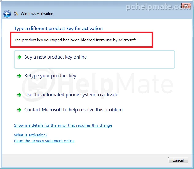 Pantalla de clave de producto bloqueada
