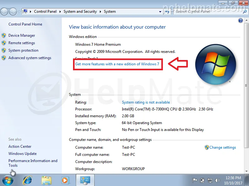 Opción Get more features with a new edition of Windows 7