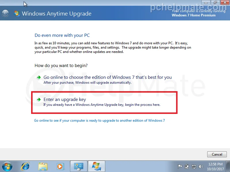 Opción Enter an upgrade key