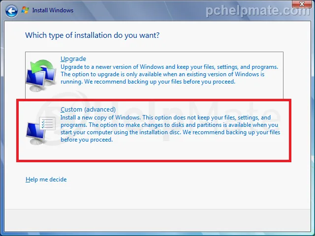 Tipo de instalación Custom