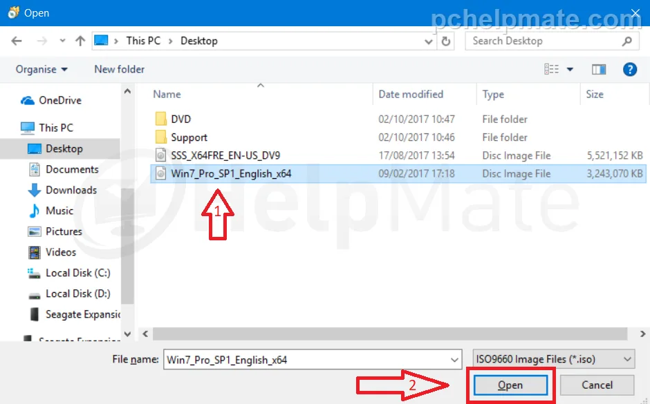 ISO file selection screen
