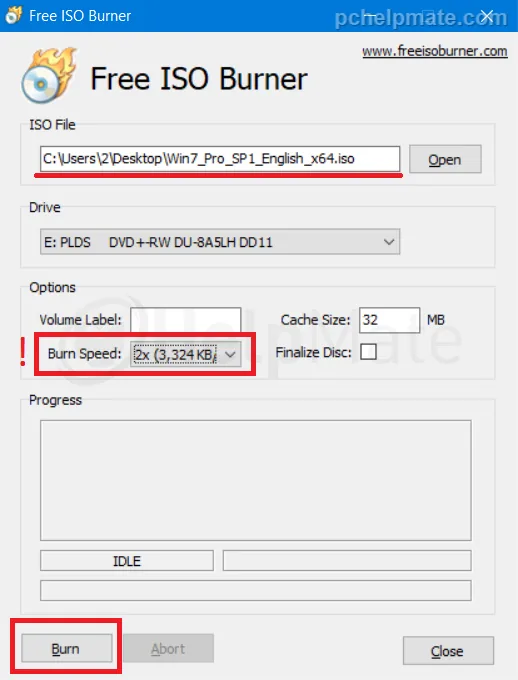 Free ISO Burner with ISO selected and burn speed set