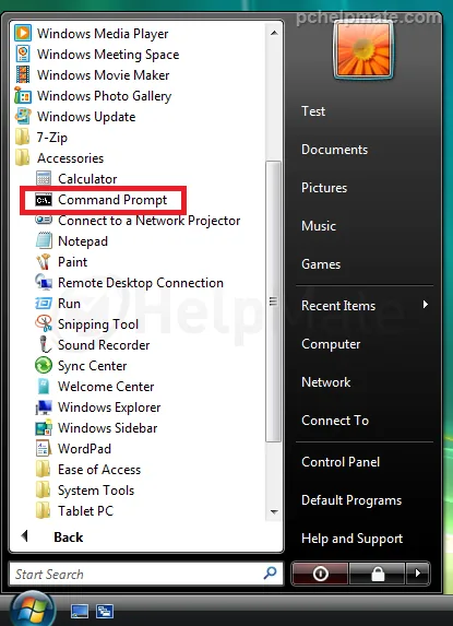 Command Prompt en el menú Inicio