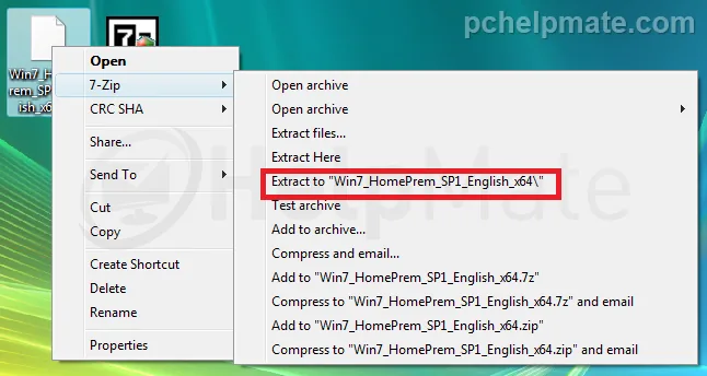 Opción de extracción de 7-zip en el menú contextual