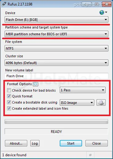 Rufus 2.18 main window with flash drive detected