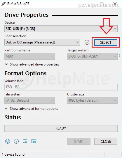 Rufus 3 main window with flash drive detected
