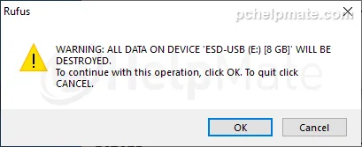 Rufus data wipe warning
