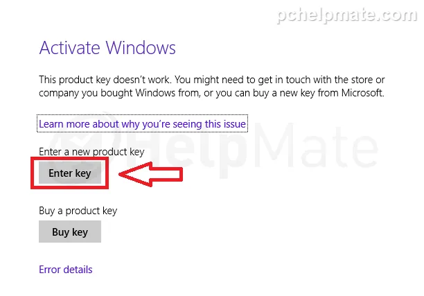 Pantalla de activación con la opción Enter key