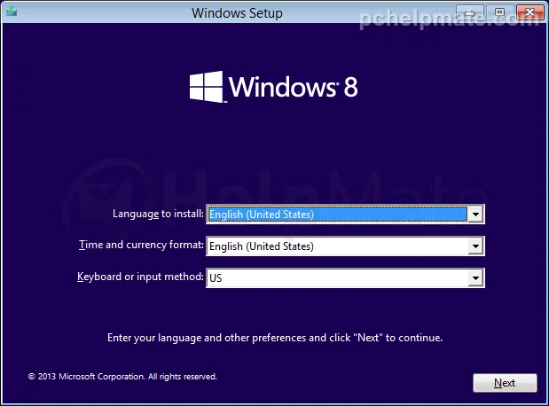 Pantalla de selección de idioma y teclado