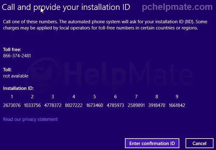 Pantalla del ID de instalación