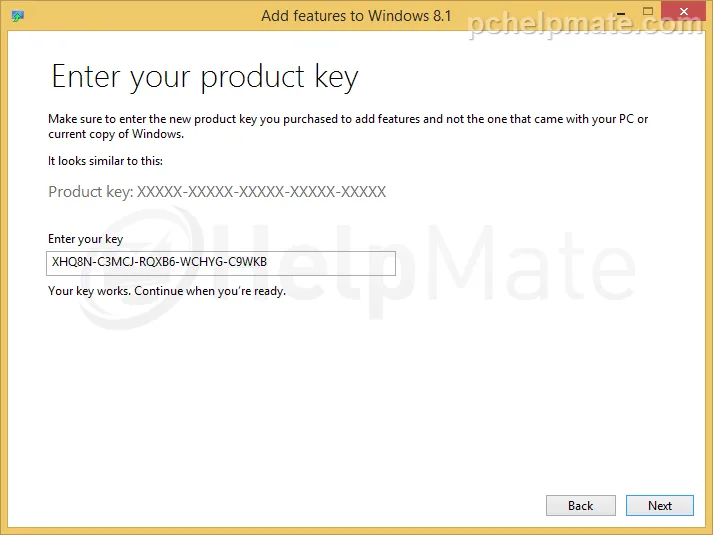Ingreso de la clave de producto en Add features