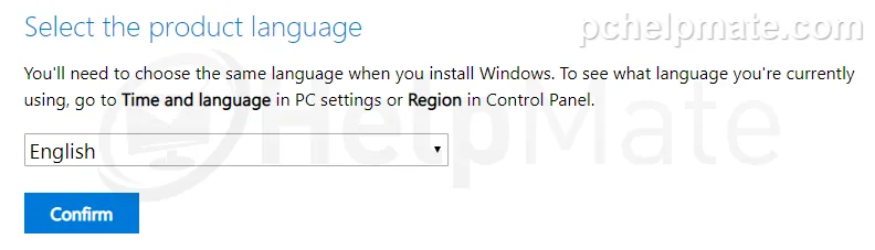 Language selection on the Microsoft download page